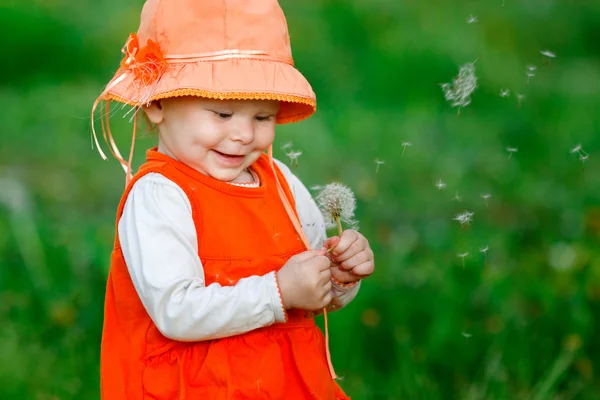 タンポポの花の種を吹く少女 — ストック写真