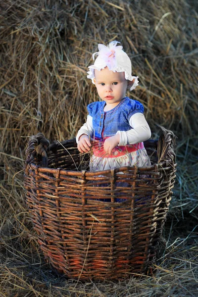 Petite fille posant dans un panier dans le grenier à foin — Photo