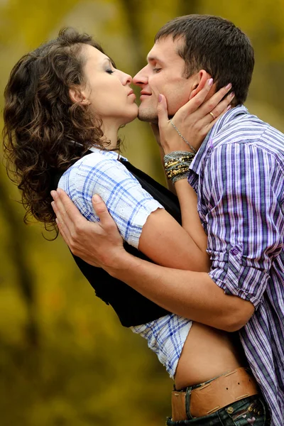 Retrato de um casal apaixonado no fundo do outono — Fotografia de Stock