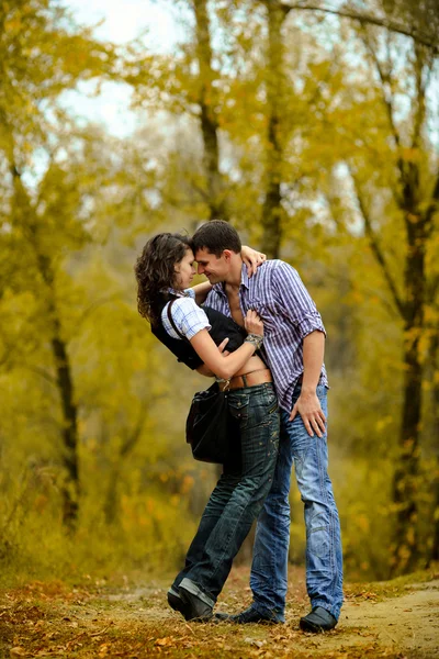 Egy szerelmes pár őszi háttérben portréja — Stock Fotó