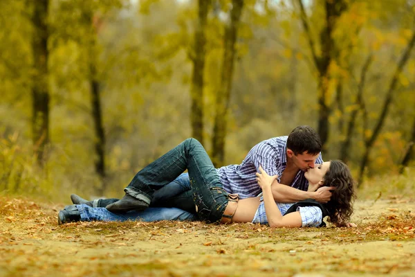 Retrato de una pareja enamorada en el fondo de otoño Imagen De Stock