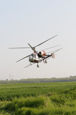 Helicopter flying over green crops field