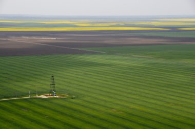 Aerial view of single oil well in green crops field clipart