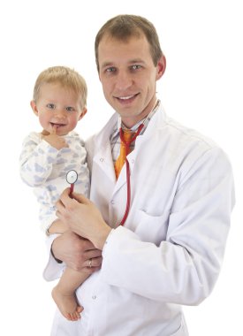 Doctor and smiling baby with stethoscope clipart