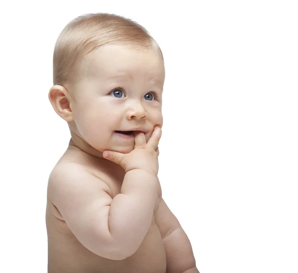 Retrato de menino com o dedo na boca (isolado em branco ) — Fotografia de Stock