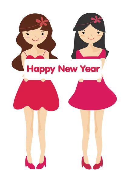 Cute girls with Happy new year letter board — Stock Photo, Image