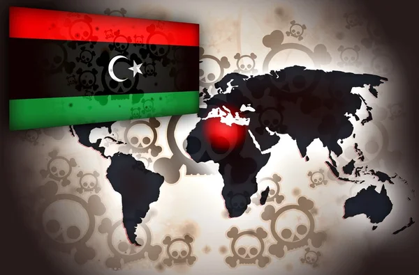 Libysche Weltkarte Krise Flagge — Stockfoto