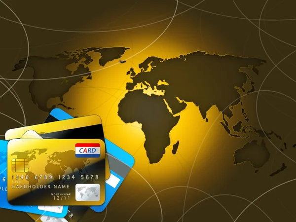Cartões de crédito coloridos e mapa do mundo — Fotografia de Stock