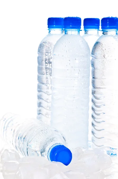 Botellas de agua sobre hielo sobre blanco — Foto de Stock