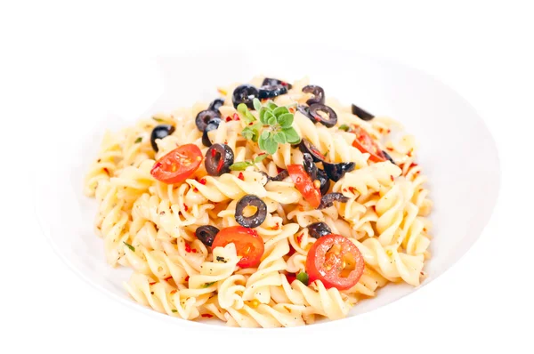 Pasta aglio olio in a white pasta plate — Stockfoto