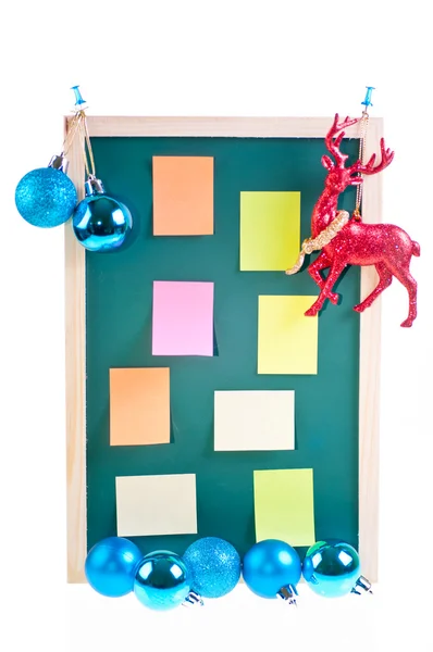 Vánoční modré ozdoby, ornament a poznámek sticky notes — Stock fotografie