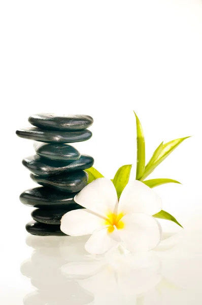 Ισορροπημένη zen πέτρες με λουλούδι και μπαμπού — Φωτογραφία Αρχείου