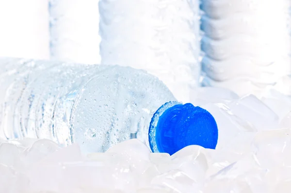 Mineral water bottle on ice close up