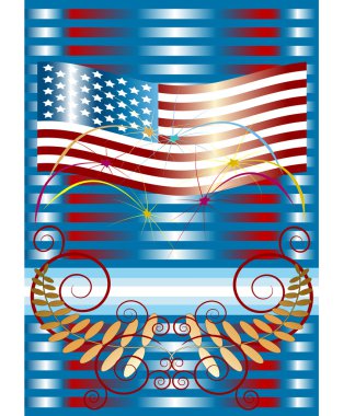 Fireworks with American flag.Placard. Background. clipart