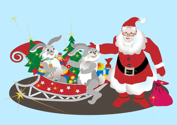 Babbo Natale con le lepri. Illustrazione . — Vettoriale Stock