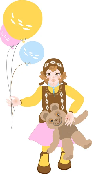 Little red-haired girl with a bear. Portrait.Drawing. — Stock Vector
