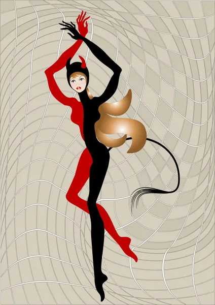 Harlequin woman dressed in Devil costume. Illustration. — Stock Vector