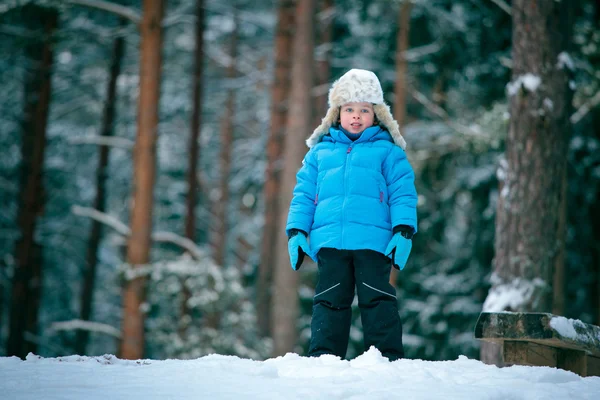 Портрет маленького мальчика, играющего на открытом воздухе в зимнем лесу — стоковое фото