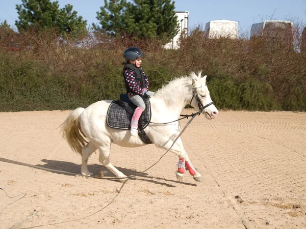 Girl on galloping ponny — Stock Photo, Image