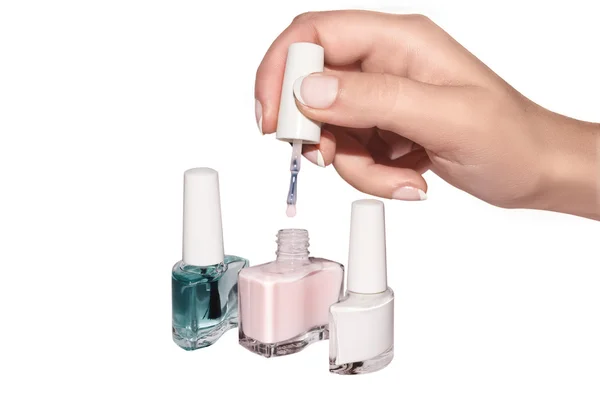 stock image Hand with nail polish for French manicure set