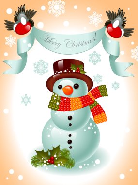 Christmas card. snowman and ribbon clipart