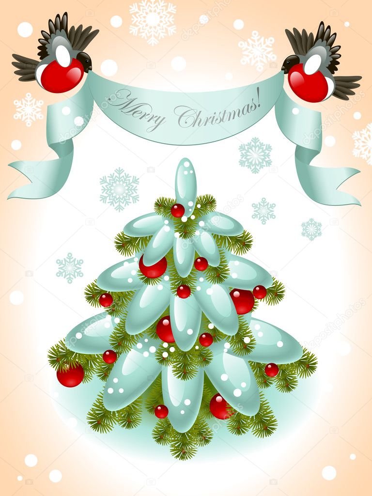 Christmas card. Christmas tree and ribbon