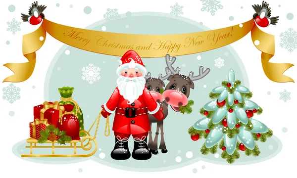 Carte de Noël. Père Noël et arbre de Noël . — Image vectorielle