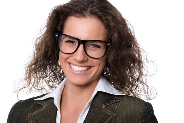 Mulher sorridente bonita usando óculos — Fotografia de Stock