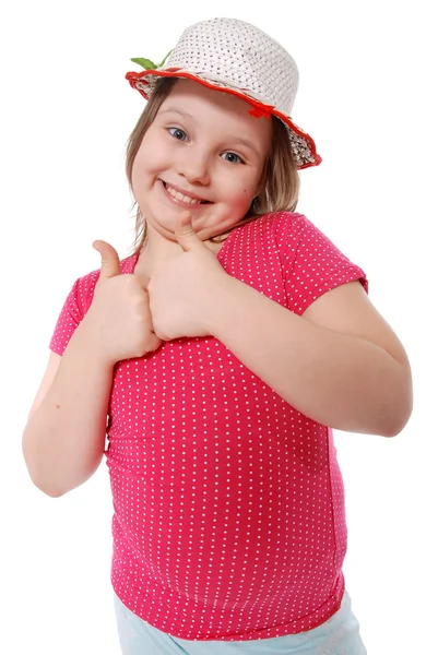 Retrato da menina sorridente mostrando polegares — Fotografia de Stock