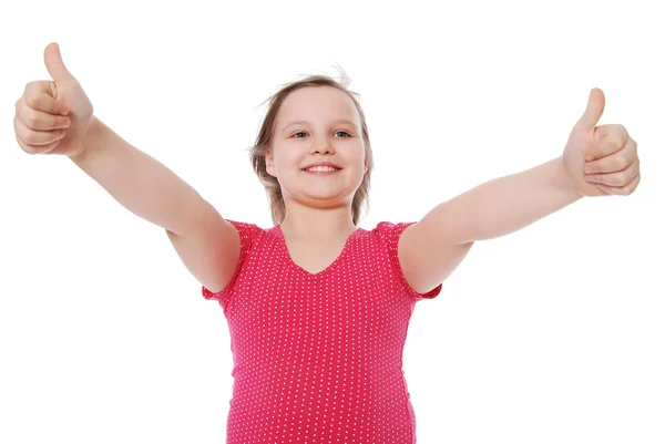 Portrét smějící se dívka ukazuje palec — Stock fotografie