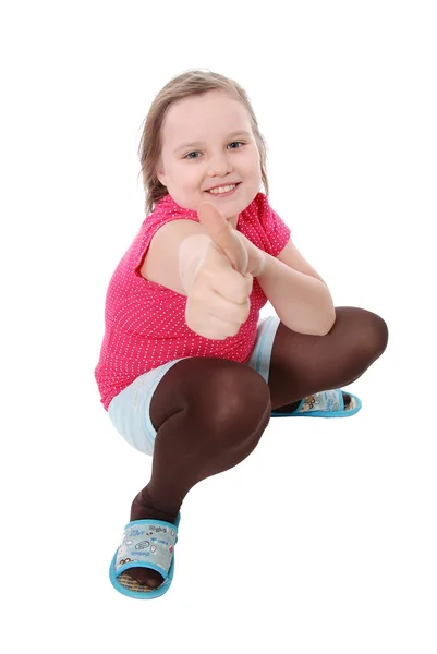 Retrato de uma menina bonita e confiante mostrando polegares para cima iso — Fotografia de Stock
