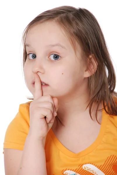 Dziewczynka emocjonalność z palcem wskazującym przed usta — Zdjęcie stockowe