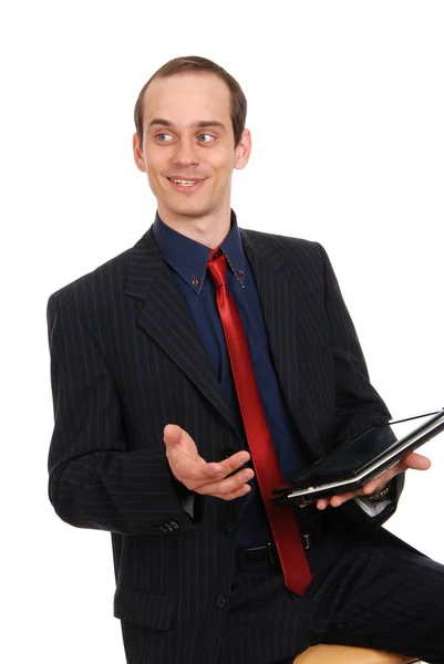 Der junge geschäftstüchtige Mann mit dem Laptop isoliert auf einem weißen — Stockfoto