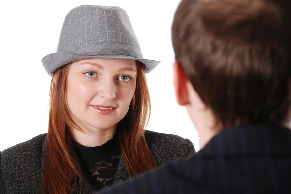 Fiatal lány a kalapban, a konzultáció — Stock Fotó