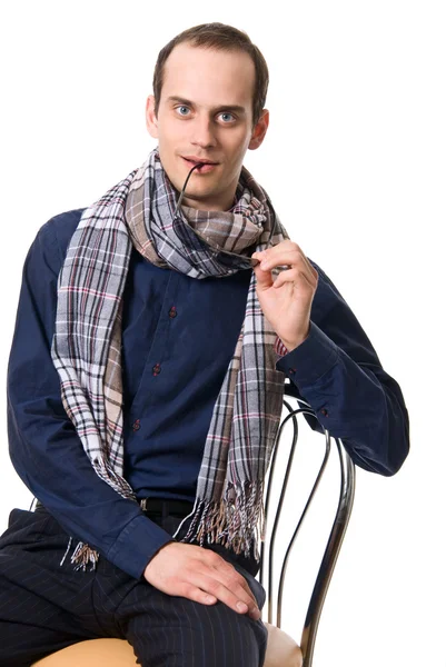 Portrait of the successful young guy with a scarf and glasses — Stock Photo, Image