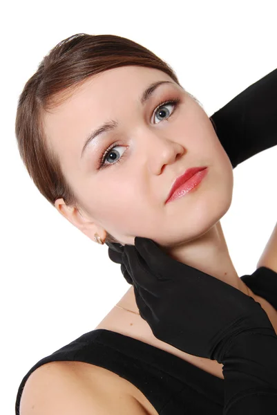 Ritratto della bella ragazza con guanti neri — Foto Stock