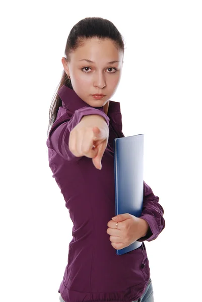 Portrait of the business beautiful girl pointing a finger — Stock Photo, Image