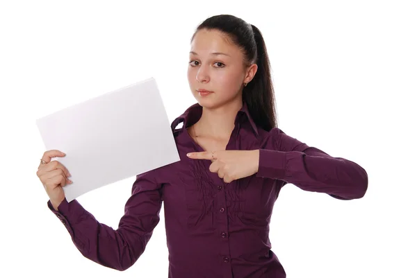 Woman pointing at a blank board — Stock Photo, Image