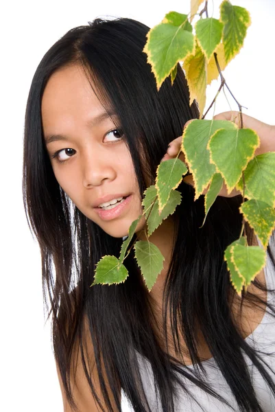 The young Vietnamese girl looks out because of a birch branch — Stock Photo, Image