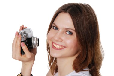 vintage fotoğraf makinesi ile güzel kadın alarak fotoğraf