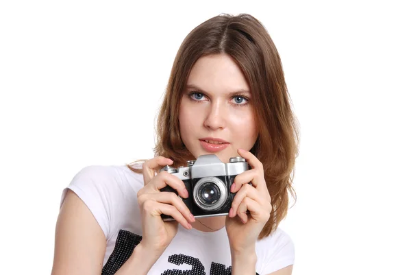 Ładna kobieta biorąc zdjęcie z aparatu zbiorów — Zdjęcie stockowe