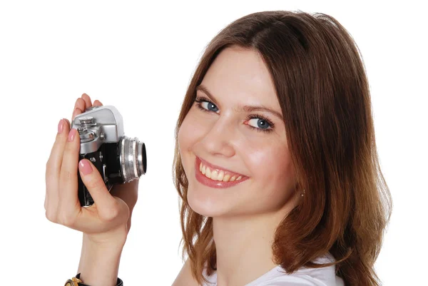 Hezká žena brát fotografie s vinobraní fotoaparát — Stock fotografie