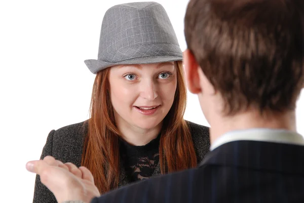 Młoda dziewczyna w kapeluszu na konsultacje — Zdjęcie stockowe