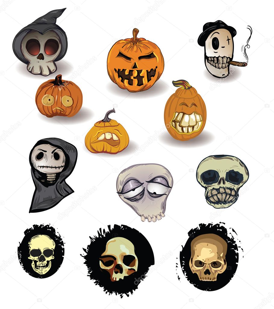 Set of pumpkins and skulls
