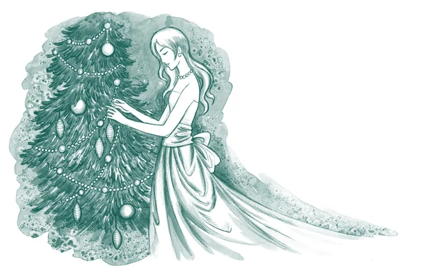 Mujer decoración árbol de Navidad —  Fotos de Stock