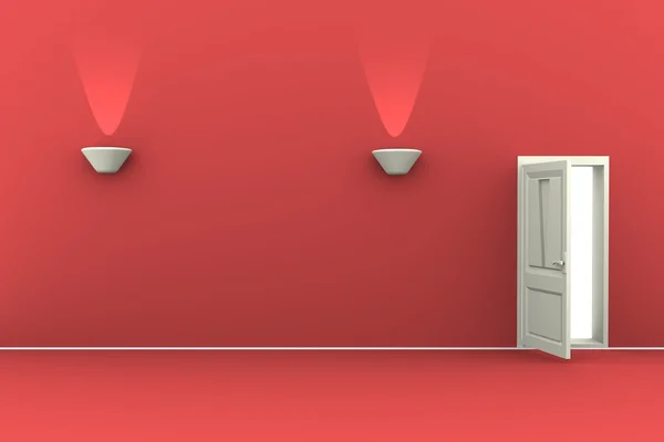 Tom röd vägg med dörr och två lampor — Stockfoto