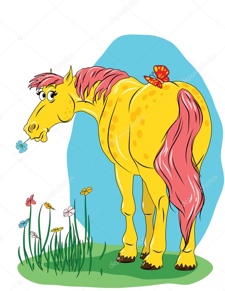 Funny yellow horse with butterfly