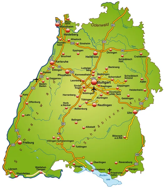 Baden-Württemberg mit Autobahnen bunt — Stockový vektor