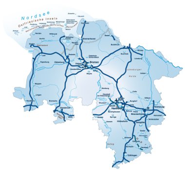 Niedersachsen mit Autobahnen blau clipart