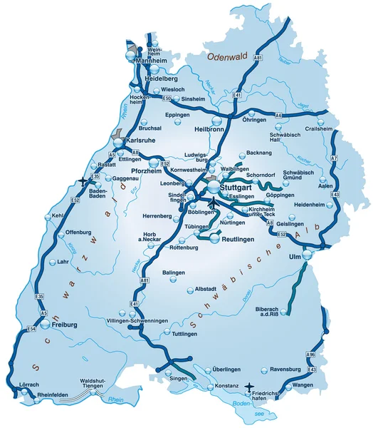 Baden-W=rttemberg mit Autobahnen blau —  Vetores de Stock